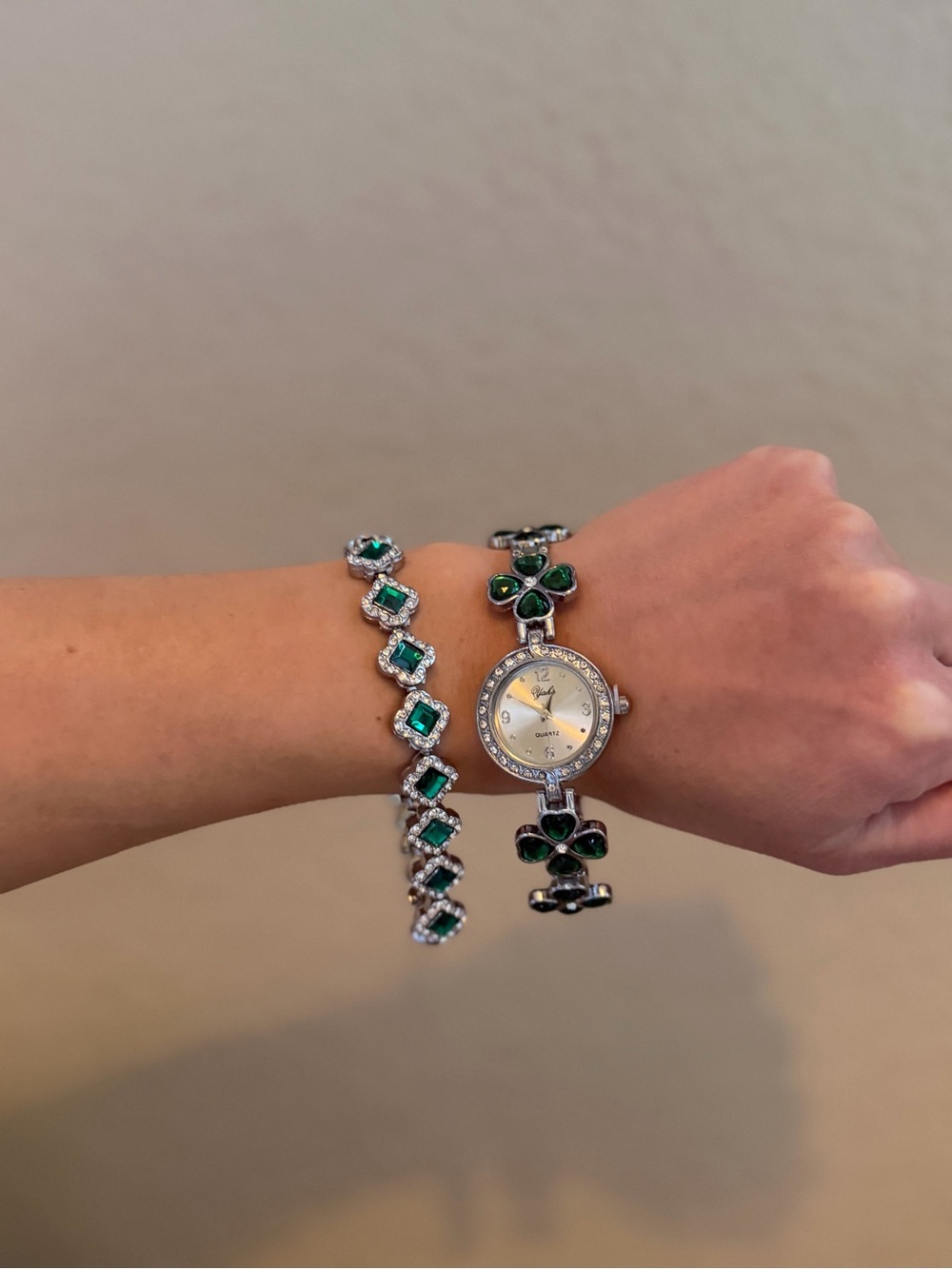 Elegant Green Crystal Watch and Bracelet Set - Women Jewelry